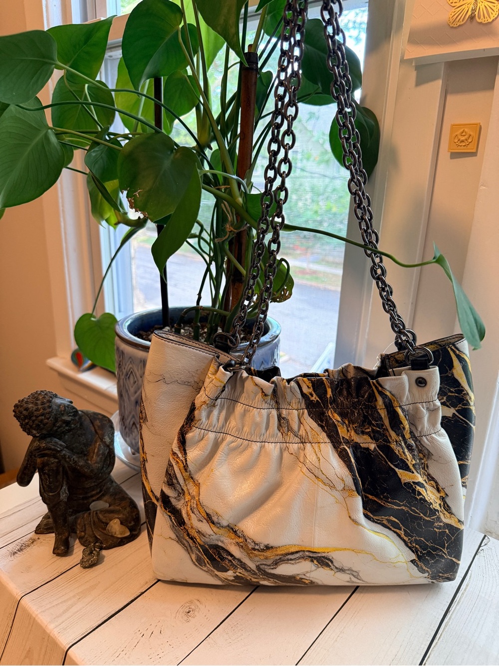 Sharif | "Museum Disco" Marble-Print Leather Shoulder Bag in Cream, Black & Gold